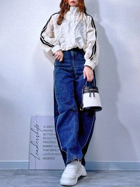 gu2トーンバレルレッグジーンズスポーツMIXコーデ