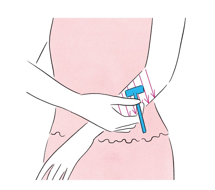 体の剃り方。毛流れを気にして丁寧に。