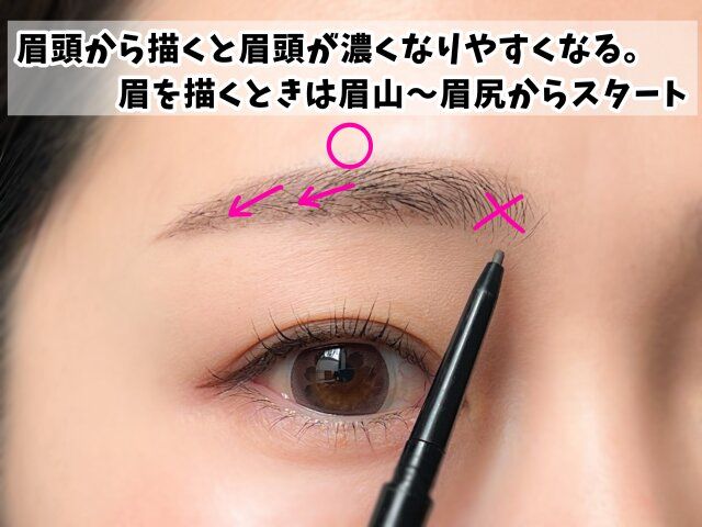眉を描き始める時は眉山から眉尻に向けて描く