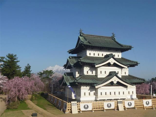弘前城天守閣の背景に岩木山が見えるのは石垣工事期間限定