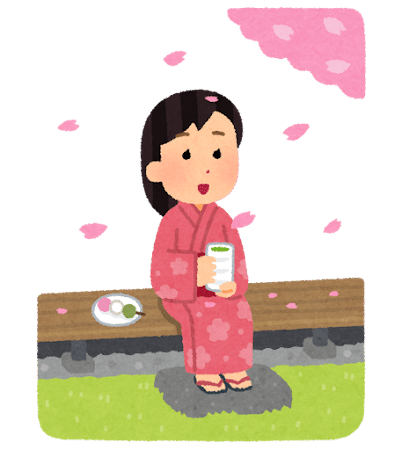 縁側で花見をする人のイラスト（女性）