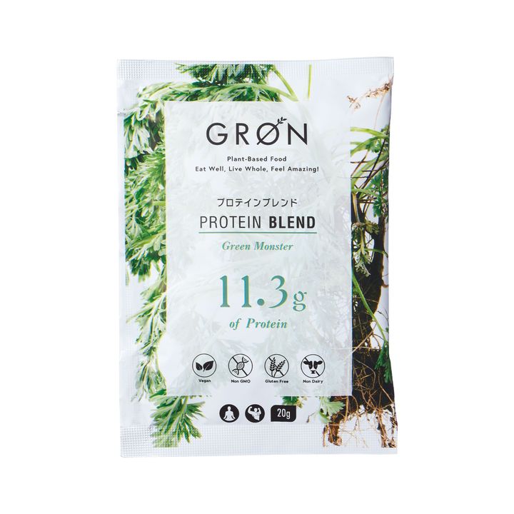 よもぎや熊笹、スピルリナなど緑のスーパーフードのパワーを凝縮させた植物性プロテイン。筋力をアップさせたいときの味方に。グリーンモンスター 20g ￥346／グリーン ベース LLC(グロン)