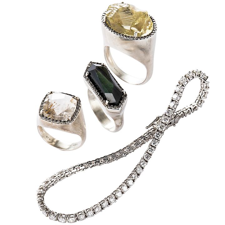 Adlin Hue色石リングとダイヤのテニスブレスレット