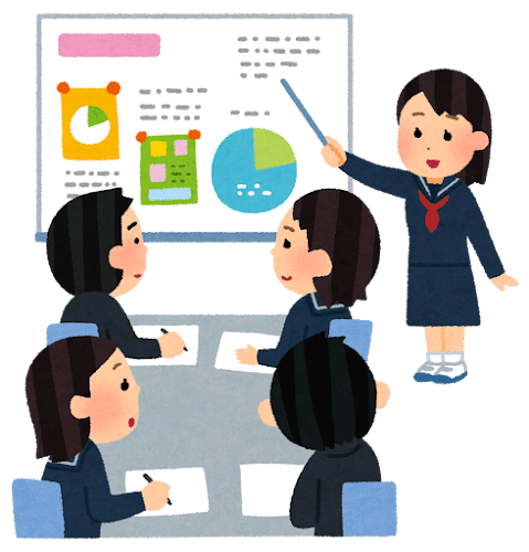授業をする生徒のイラスト（女子学生）