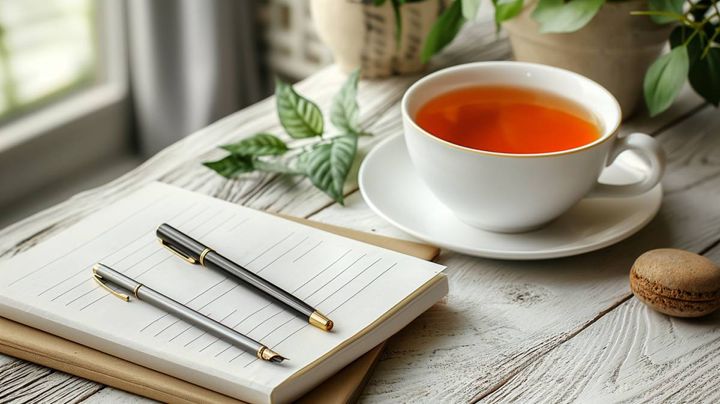 紅茶、ノート、ペン