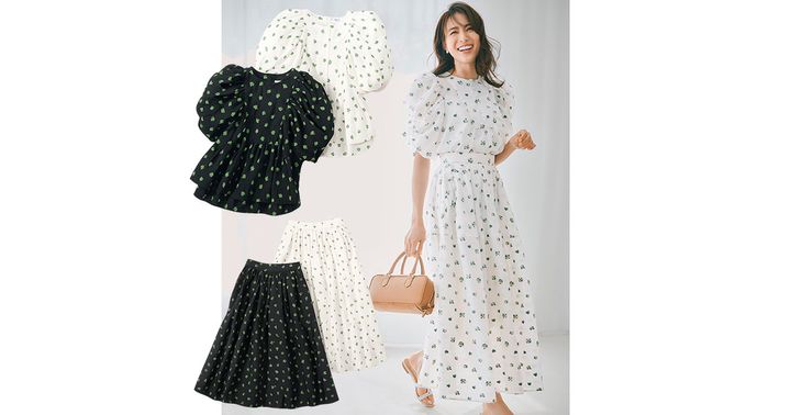 上品な小花柄ブラウスとスカートのセットアップ