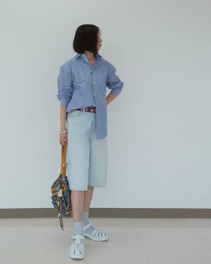 H&Mのデニムバミューダショーツコーデ