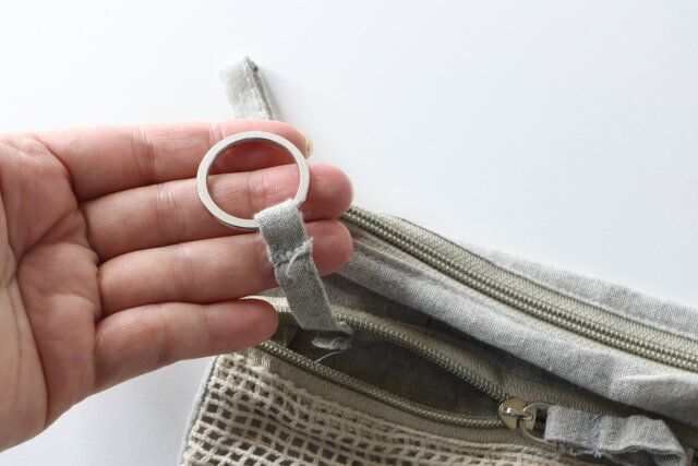 トラベルダブルファスナーコットン混ポーチ（グレー・青） キーリング