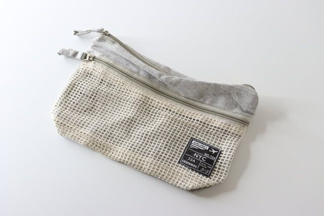 トラベルダブルファスナーコットン混ポーチ（グレー・青） デザイン