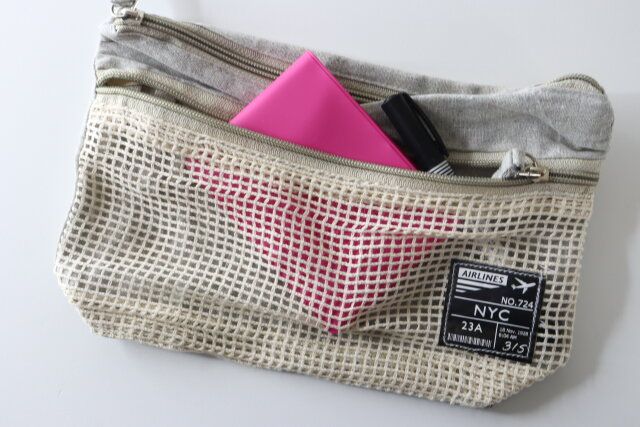 トラベルダブルファスナーコットン混ポーチ（グレー・青） ポケット