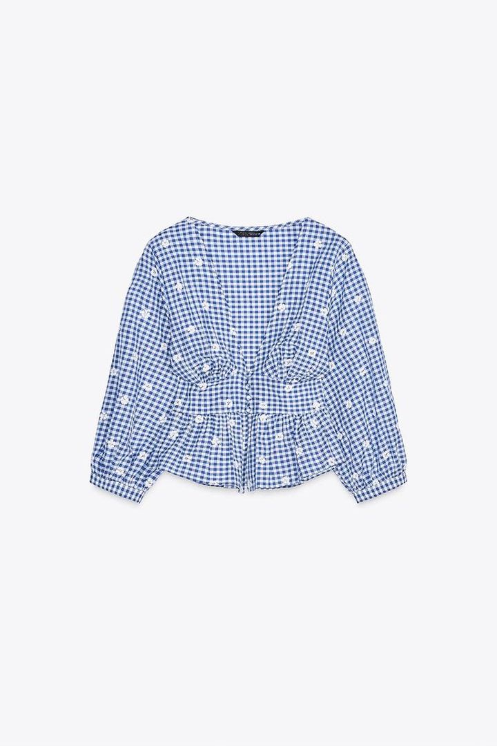ZARA　ギンガムチェックトップス 刺繍入りギンガムチェック柄トップス - 青色/白色 | ZARA Japan