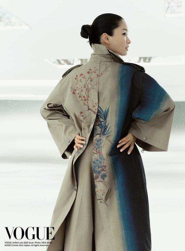A DEEPER SENSE OF IDENTITY<br /> “I’m always conscious of being Japanese when I’m abroad,” says Sawai. Here, she wears a coat and pants, both by Dior. Pine trees are symbols of longevity and good fortune in Japan, and are reinterpreted in watercolor style on the back of this coat, while the delicate folds in the fabric are inspired by origami. Coat and pants, reference items only／Both by DIOR