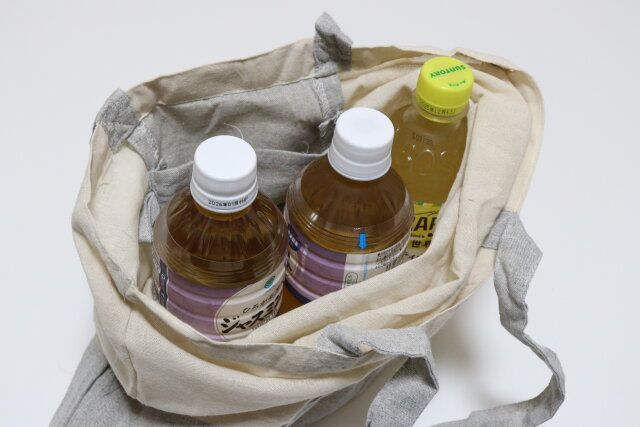 ダイソーのトラベルポケッタブルコットン混トート（グレー・青）の収納