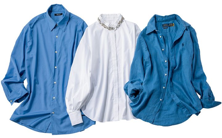 近藤千尋さんの私物でブルーのEditionのシャツと襟にビジュー付きのルル・ウィルビーの白シャツとポロラルフローレンのブルーシャツ