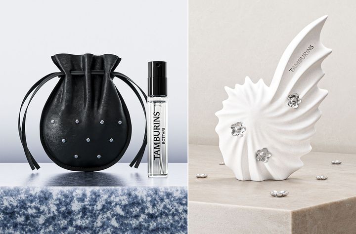 〈左〉キャンペーン特典の「ボタリ パフューム（2ml）」。〈右〉日本では伊勢丹新宿店だけの特別なギフト「パフューム シェル スタチュー ボタリ」。