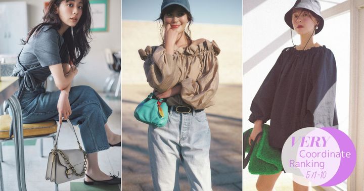 グレーのラップデザインのTシャツとデニムコーデとブラウンのオフショルブラウスと薄色デニムコーデと撥水ブラウスとショートパンツのセットアップコーデ