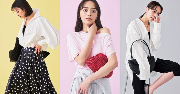 白ブルゾンとドットスカートを着た岡本あずささんとピンクのアシンメトリーTシャツを着た近藤千尋さんと白シャツとカプリパンツを着こなす近藤千尋さん