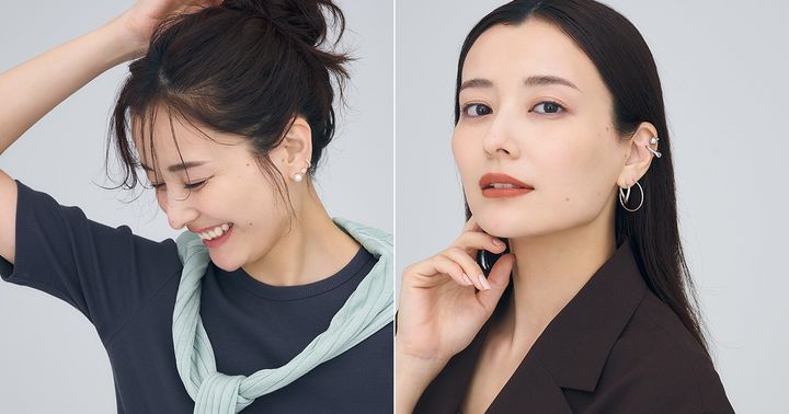 耳元にイヤーカフやピアスを重ねづけした原田夏希さん