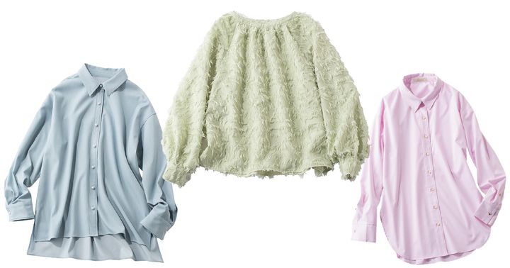 プラステのブルーのシャツとオペークドットクリップのグリーンのもけもけブラウスとアンデミュウのピンクシャツ