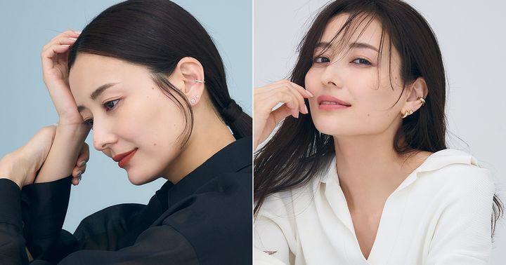 華奢なお花ピアスふたつとイヤーカフを重ねた片耳コーデとフープピアスとハートピアスとイヤーカフを重ねた片耳コーデの原田夏希さん