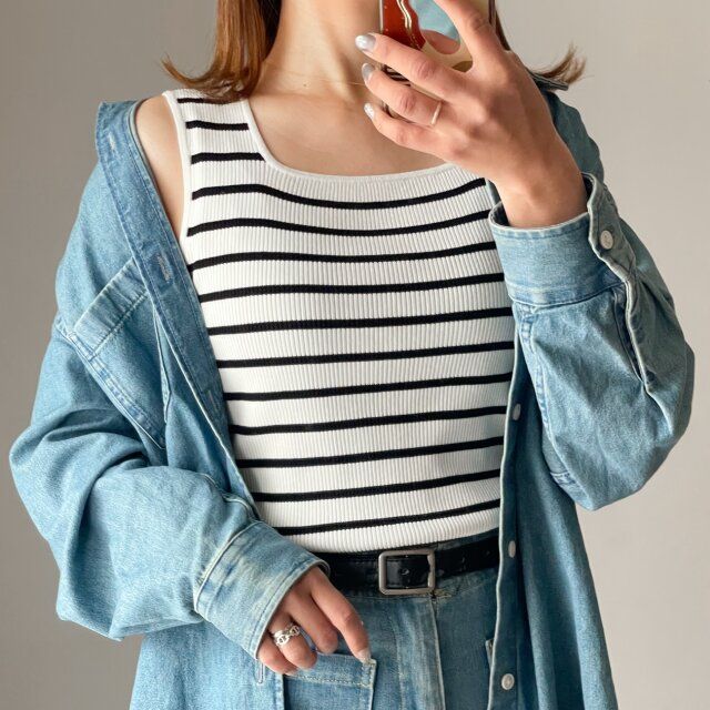 GU リブニットボーダースクエアネックタンクトップ NATURAL 着用