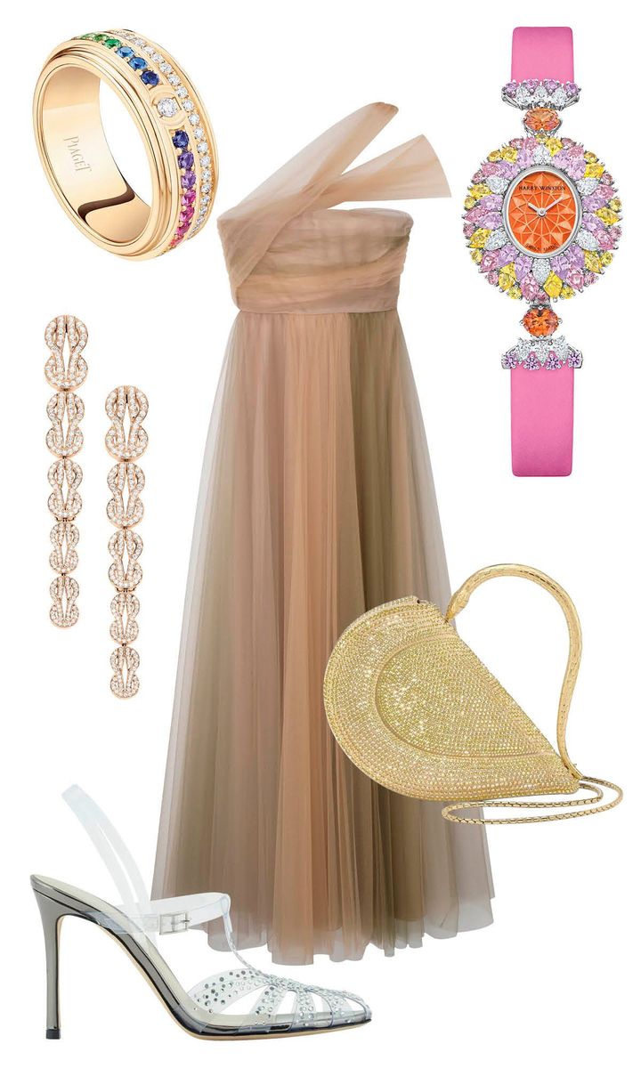 〈左上から時計回りに〉リング「ポセション」PG×ダイヤ モンド×サファイア×イエローサファイア×グリーンツァボライト ×オレンジサファイア×ピンクサファイア×パープルサファイア ×ルビー ¥1,971,200／PIAGET（ピアジェ コンタクトセンター） ドレス ¥2,100,000／DIOR（クリスチャン ディオール） ウォッチ「ウィンストン・キャンディ・バイ・ハリー・ ウィンストン」プラチナ×サファイア×スペサルタイト×ダイヤモンド 29.6×31.9mm（世界限定1本、直営サロン限定販売） ¥17,754,000／HARRY WINSTON（ハリー・ウィンストン クライアントインフォメーション） バッグ 本体 H11cm ¥946,000／BVLGARI（ブルガリ・ジャパン） シューズ ヒール10.5cm ¥231,000／GIORGIO ARMANI（ジョルジオ アルマーニ ジャパン） 「シャンス アンフィニ ク レイジー8 イヤリング（シングル販売）」WG×ダイヤモンド ¥1,727,000（シングル価格）／FRED（フレッド カスタマーサービス）