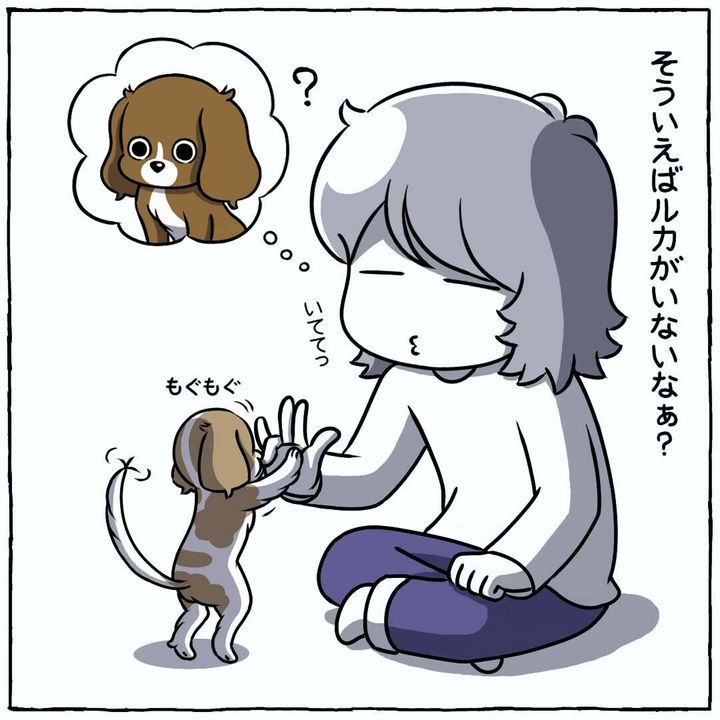 暗闇に溶け込む愛犬について描いた漫画のカット（おちゃし。さん提供）