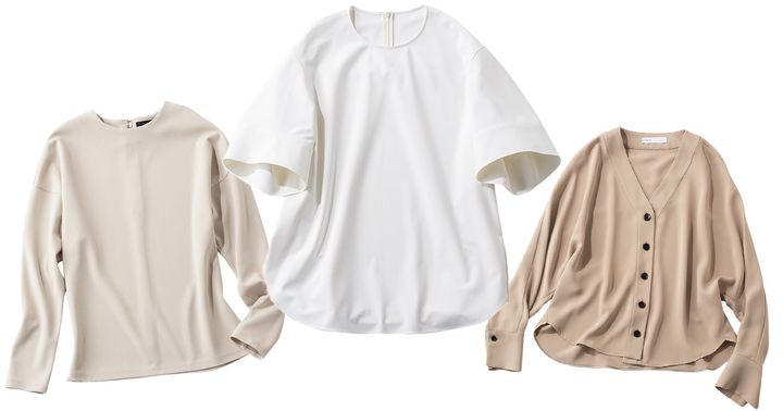 ノークのジャージー素材風ブラウスとルフィルの白ブラウスとノーブルのカーデ風ブラウス