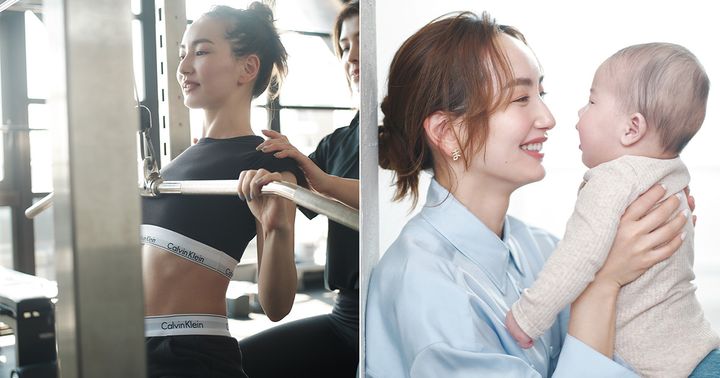 パーソナルジムでトレーニングする辻元舞さんと第３子の娘さんを抱き上げて笑う辻元舞さん