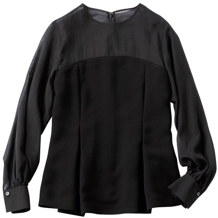 アンクレイヴのシアー素材にビスチェがレイヤードされたようなデザインの長袖ブラウス