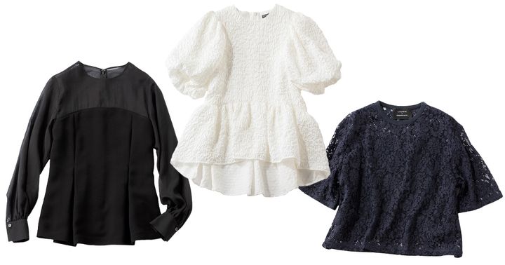 アンクレイヴのシアー素材ブラウスとツル バイ マリコ オイカワの白のジャガードトップスとルーニィのレースブラウス