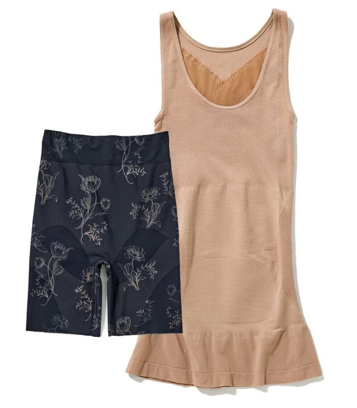 （右）クロス状のパワーネットで、背筋しゃっきり。背中へ意識ナイスバディタンクトップ￥2,700 （下）鼠径部やウエストは食い込みにくく、おなかやヒップはすっきり。 ナイスバディファーストガードル￥4,800／ともにピーチ・ジョン