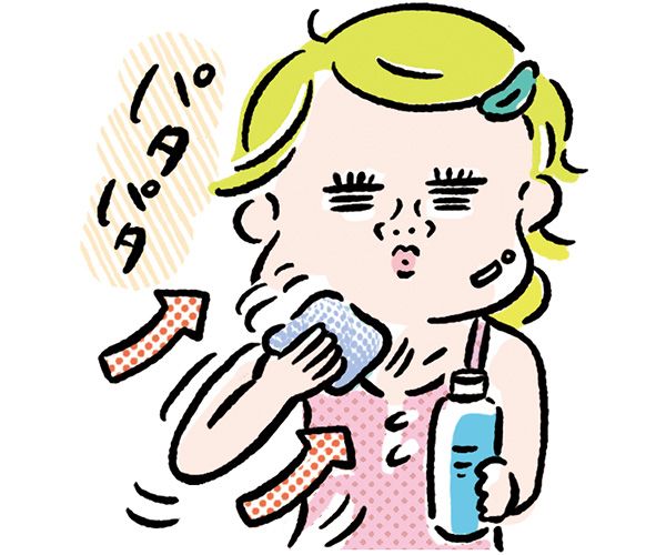 コットンにたっぷり含ませて、風を送るようにパタパタさせながら塗布。