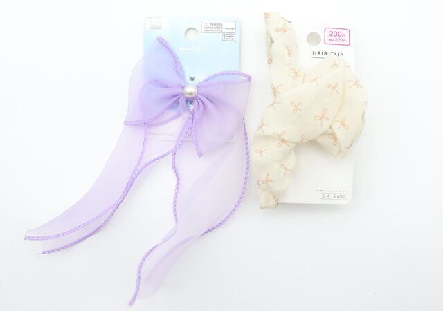 ダイソー ヘアクリップ（シフォン、ロングリボン） リボン柄バンスクリップ（オーガンジー） パッケージ