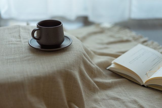 雨の日の室内 マグカップと本とブランケット