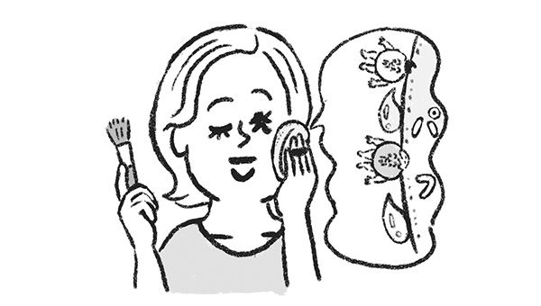 イラスト 2.パフが肌に触れると常在菌はパフへ