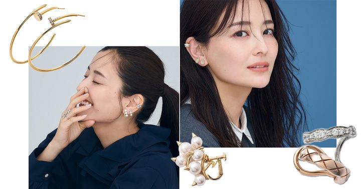 TASAKIのジュエリーとブシュロンのジュエリーをそれぞれ片耳盛りした原田夏希さん