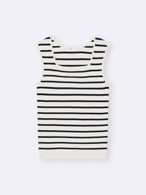 2025gu女性おすすめリブニットボーダースクエアネックタンクトップ