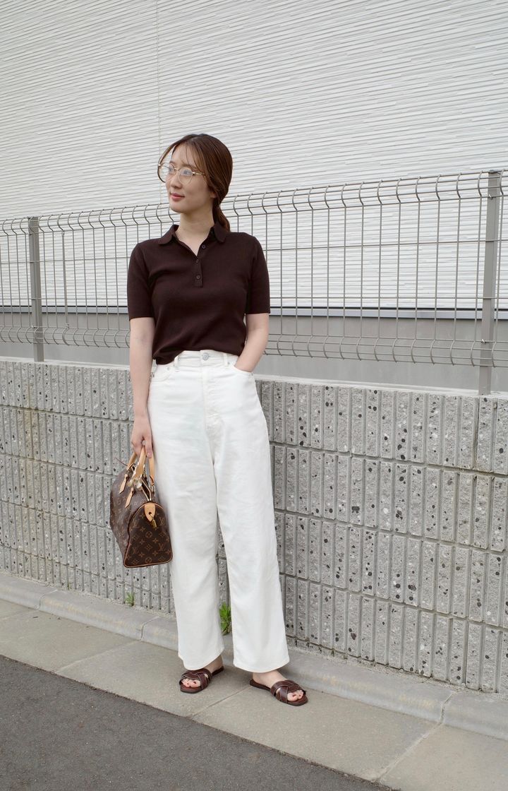 ユニクロのポロセーター・ブラウンを使用したコーディネート