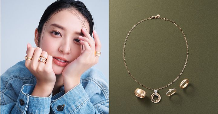 ポメラートのローズゴールドジュエリーと身につけた武井咲さん