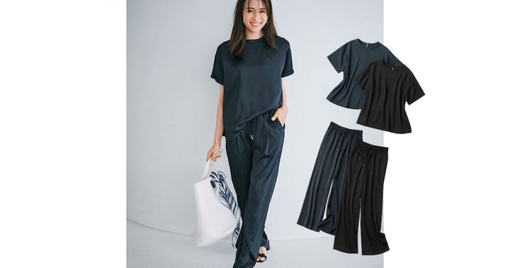 サテン素材のTブラウスとパンツのセットアップ