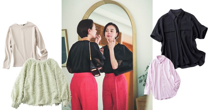 ノークのジャージー素材風ブラウスとオペークドットクリップのもけもけブラウスとロペの5分袖のドルマンスリーブブラウスとアンデミュウのピンクシャツとエレンディークのシアーブラウスとカラーパンツを着た浅見れいなさん