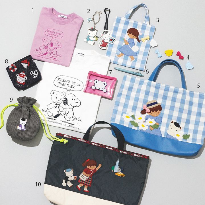 VERY読者の私物でファミリアとスヌーピーのコラボTシャツやギンガムチェック柄のトートやレスポとのコラボトート