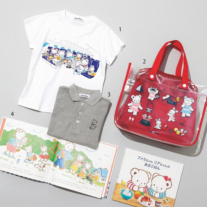 VERY読者の私物でファミリアのTシャツやポロシャツとプールバッグと絵本