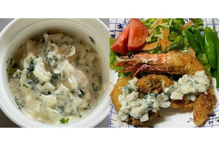 ▲らっきょう漬けタルタルソースは玉ねぎよりを使うよりも優しい味わい。写真左の分量（2人分）で、らっきょう漬け6粒、マヨネーズ大さじ3、パセリ小さじ1。