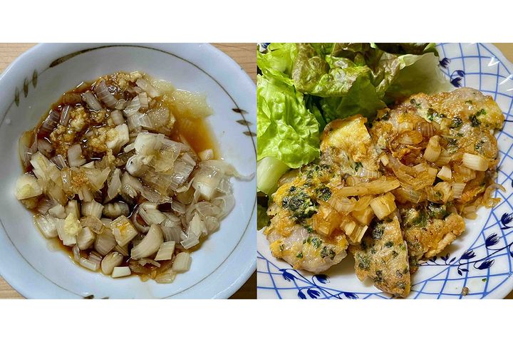 ▲らっきょう漬けトンテキソース。豚肉のピカタにかけても美味しかったです。写真左の分量（2人分）で、らっきょう漬け6粒、しょうゆ・酒各大さじ2、おろしにんにく・おろししょうが各小さじ1/2。