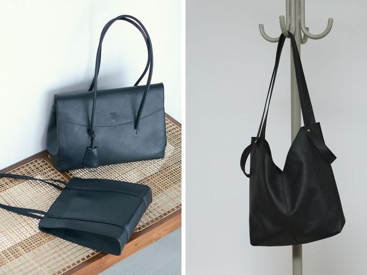 画像: 左上「レザー フラップトートバッグ」￥19,800、左下「レザースクエアトートバッグ」￥14,850、右「レザー2wayトライアングルトート」￥14,993 出典：ファーストハンド