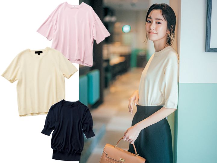 エイトンのピンクの五分袖ニットとZARAの黄色の半袖ニットとスローンのモックネックの五分袖ニットとスタイリングの五分袖ニットを着た桐谷美玲さん