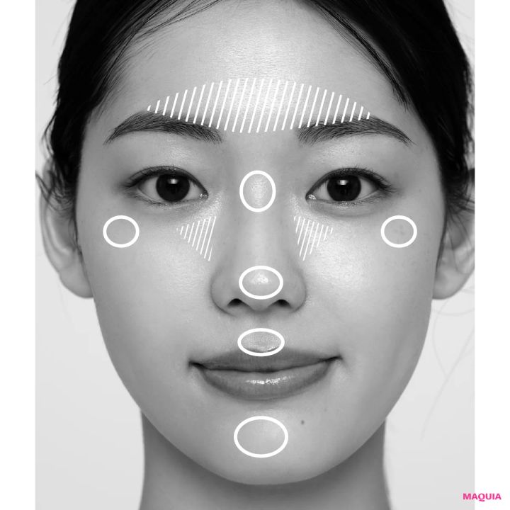 ピンポイント×顔の中心塗りで、 自然な高さと明るさを