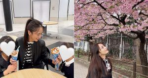 近藤千尋さんが桜を眺めるところと娘さん二人とクレープを食べているところ
